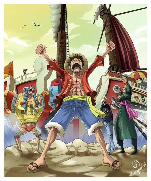 Anime picture 1024x1225 with one piece toei animation monkey d. luffy roronoa zoro tony tony chopper trafalgar law franky thousand sunny choparini long hair tall image short hair open mouth black hair twintails signed blue hair sky cloud (clouds) full body