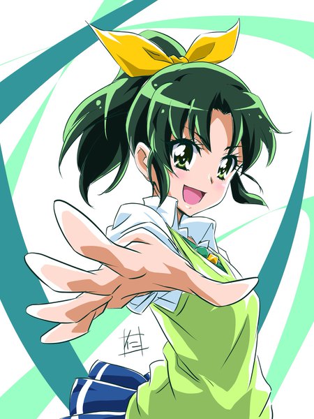 Anime picture 1536x2046 with precure smile precure! toei animation midorikawa nao nii manabu single tall image looking at viewer blush short hair open mouth green eyes signed payot ponytail :d green hair outstretched hand girl uniform