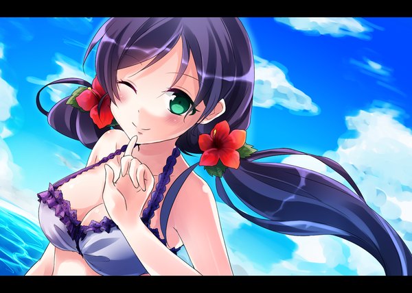 Anime picture 1400x1000 with love live! school idol project sunrise (studio) love live! toujou nozomi kida mochi single long hair blush breasts smile twintails bare shoulders green eyes sky purple hair cloud (clouds) eyes closed one eye closed hair flower wink