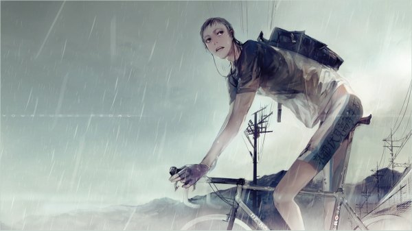 Anime picture 1200x675 with yowamushi pedal midousuji akira zis (artist) single short hair black hair wide image looking away black eyes wallpaper copyright name rain mountain boy gloves uniform headphones fingerless gloves gym uniform ground vehicle