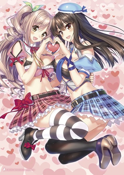 Anime picture 1500x2117 with original piromizu long hair tall image blush fringe breasts open mouth light erotic blonde hair brown hair large breasts multiple girls brown eyes bent knee (knees) midriff high heels one side up drill hair plaid skirt