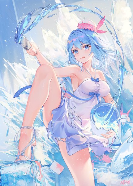 Anime picture 960x1340 with vocaloid synthesizer v haiyi atdan single long hair tall image looking at viewer blush fringe blue eyes light erotic hair between eyes bare shoulders holding signed blue hair bare legs high heels halterneck