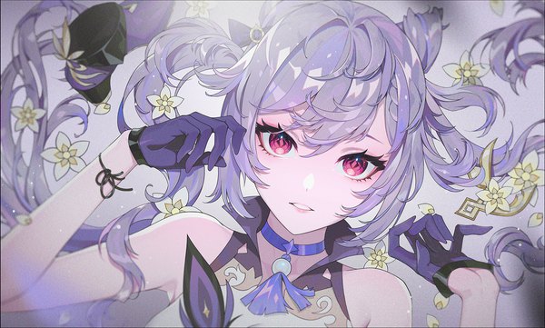 Anime picture 1722x1037 with genshin impact keqing (genshin impact) xdcstc single long hair looking at viewer fringe highres hair between eyes wide image twintails purple hair upper body parted lips pink eyes hair bun (hair buns) girl gloves flower (flowers) choker