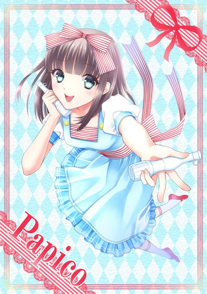 Anime picture 992x1403 with original papico (ice cream) papico takaaya kazuka single tall image looking at viewer short hair open mouth blue eyes brown hair girl dress bow hair bow socks white socks