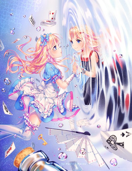Anime picture 933x1200 with alice in wonderland alice (wonderland) hyanna-natsu long hair tall image blush blue eyes blonde hair smile twintails multiple girls signed bent knee (knees) profile short sleeves zettai ryouiki puffy sleeves sleeveless tears floating hair