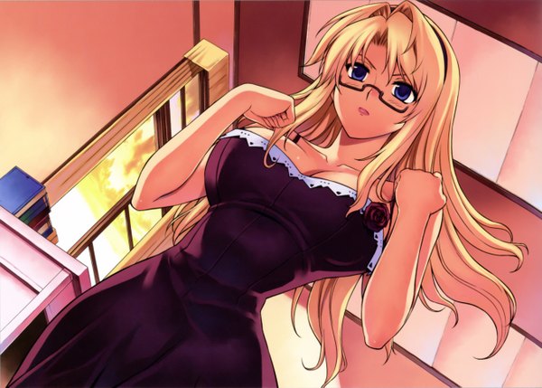 Anime picture 5363x3838 with freezing satellizer el bridget kim kwang hyun single long hair looking at viewer blush highres breasts blue eyes blonde hair large breasts absurdres scan official art girl dress glasses