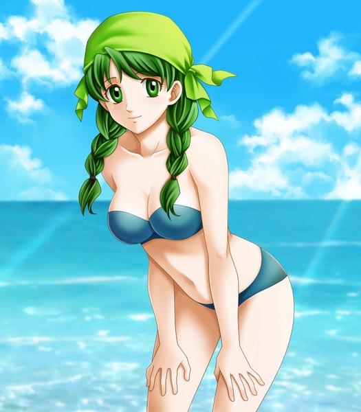 Anime picture 1400x1600 with fire emblem fire emblem: the blazing blade nintendo rebecca (fire emblem) tamamon single long hair tall image looking at viewer breasts light erotic green eyes sky cloud (clouds) braid (braids) green hair girl navel swimsuit bikini