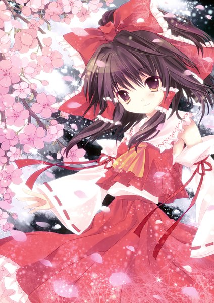 Anime picture 1447x2046 with touhou hakurei reimu yukim27 (artist) tall image short hair black hair yellow eyes cherry blossoms girl skirt bow ribbon (ribbons) hair bow detached sleeves skirt set branch