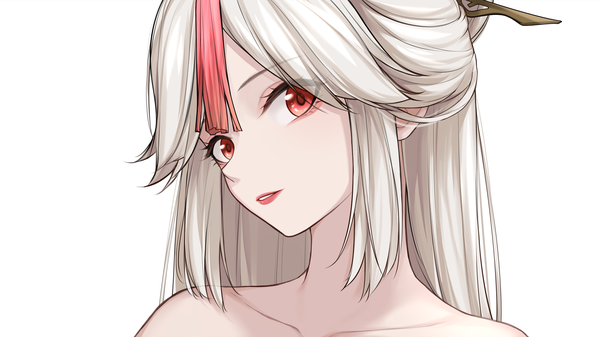 Anime picture 3555x2000 with genshin impact ningguang (genshin impact) byakuyayayayaya single long hair looking at viewer fringe highres simple background red eyes wide image white background payot silver hair upper body parted lips head tilt lipstick face eyeshadow