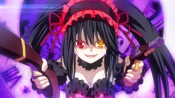 Anime picture 1272x718 with date a live tokisaki kurumi grimm6jack single long hair looking at viewer open mouth black hair smile red eyes wide image yellow eyes heterochromia lolita fashion goth-loli uneven twintails girl weapon choker gun