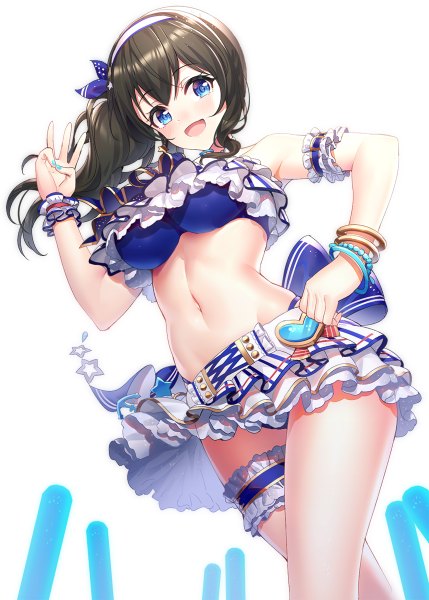 Anime picture 858x1200 with idolmaster idolmaster cinderella girls idolmaster cinderella girls starlight stage sagisawa fumika ririko (zhuoyandesailaer) single long hair tall image looking at viewer blush fringe breasts open mouth blue eyes light erotic black hair simple background smile hair between eyes large breasts