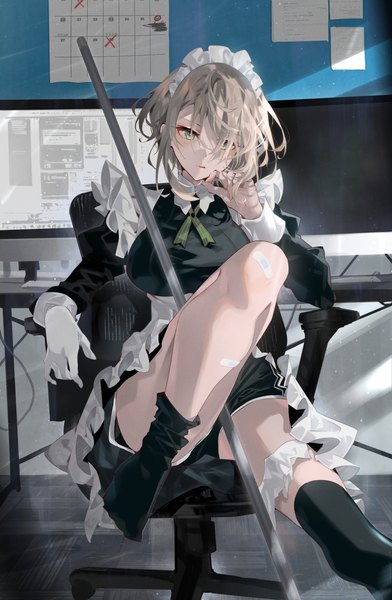 Anime picture 2950x4514 with original arutera single tall image looking at viewer blush fringe highres short hair breasts blonde hair sitting green eyes indoors long sleeves hair over one eye maid no shoes between legs revision