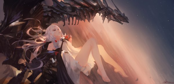 Anime-Bild 2221x1080 mit original aenrs long hair highres red eyes wide image signed looking away sky bent knee (knees) white hair barefoot bare legs fantasy expressionless falling girl dress white dress