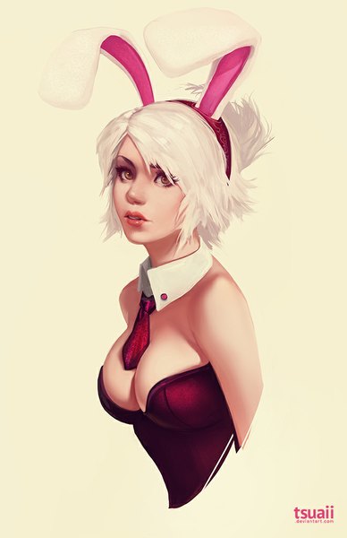Anime picture 660x1020 with league of legends riven (league of legends) battle bunny riven tsuaii single tall image looking at viewer short hair breasts light erotic simple background bare shoulders brown eyes signed animal ears white hair realistic bunny ears lipstick fake animal ears