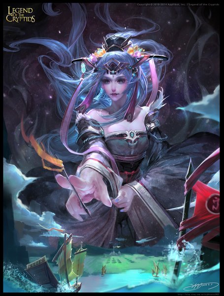 Anime picture 1620x2133 with legend of the cryptids yu-han single tall image blue eyes bare shoulders holding signed blue hair very long hair nail polish fingernails lips wide sleeves girl dress detached sleeves animal watercraft ship
