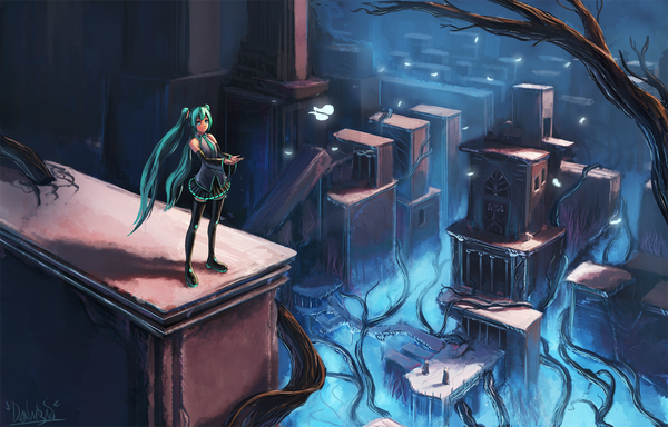 Anime-Bild 1400x896 mit vocaloid hatsune miku iidanmrak single long hair blue eyes standing twintails aqua eyes glowing girl thighhighs plant (plants) detached sleeves tree (trees) necktie insect building (buildings) butterfly liana