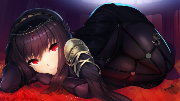 Anime picture 1066x599 with fate (series) fate/grand order scathach (fate) (all) scathach (fate) muunyan (yumenekoya) single long hair looking at viewer fringe light erotic smile hair between eyes red eyes wide image payot purple hair arm support on side reclining girl