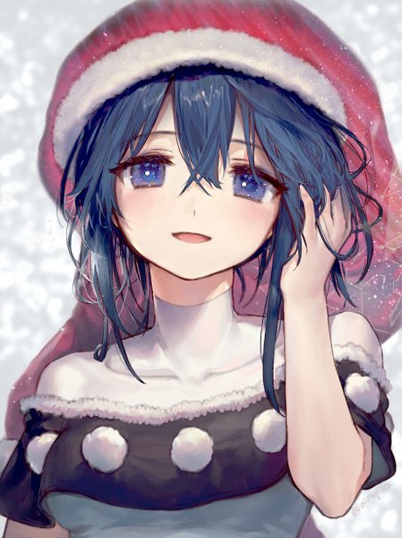 Anime picture 919x1228 with touhou doremy sweet ainy single tall image blush fringe short hair open mouth blue eyes smile hair between eyes standing signed blue hair upper body outdoors :d fur trim adjusting hair