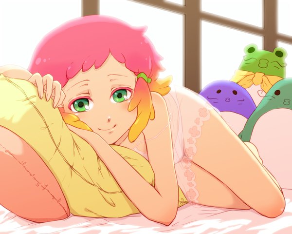 Anime picture 1000x800 with aquarion (series) aquarion evol satelight yunoha thrul single blush short hair light erotic smile bare shoulders green eyes pink hair lying multicolored hair girl underwear panties pillow toy stuffed animal