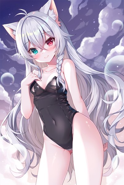 Anime picture 739x1100 with original mauve single long hair tall image looking at viewer blush fringe breasts light erotic smile hair between eyes red eyes standing bare shoulders animal ears payot sky cleavage silver hair