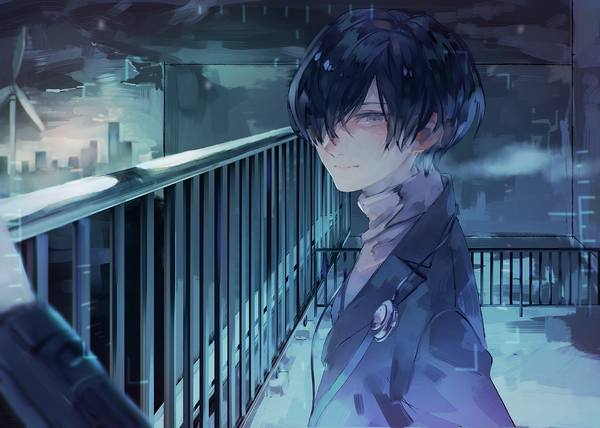 Anime picture 1287x920 with persona 3 persona arisato minato syokumura single looking at viewer fringe short hair black hair upper body light smile hair over one eye grey eyes boy building (buildings) suit turtleneck blazer railing roof