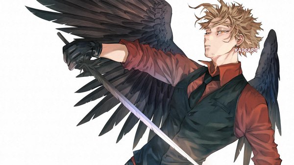 Anime-Bild 1000x562 mit boku no hero academia studio bones hawks (boku no hero academia) kadeart single looking at viewer short hair simple background blonde hair wide image white background holding signed yellow eyes upper body arm up piercing ear piercing black wings boy