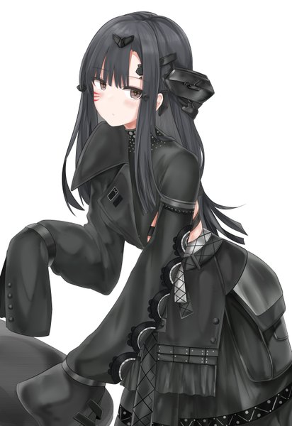Anime picture 2200x3200 with girls frontline nyto obelisk (girls frontline) ru zhai single long hair tall image looking at viewer blush fringe highres black hair simple background standing white background brown eyes payot blunt bangs midriff leaning leaning forward