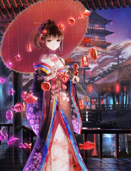 Anime picture 2000x2600 with original red flowers single tall image looking at viewer highres short hair brown hair brown eyes traditional clothes japanese clothes kikumon girl hair ornament flower (flowers) kimono umbrella oriental umbrella