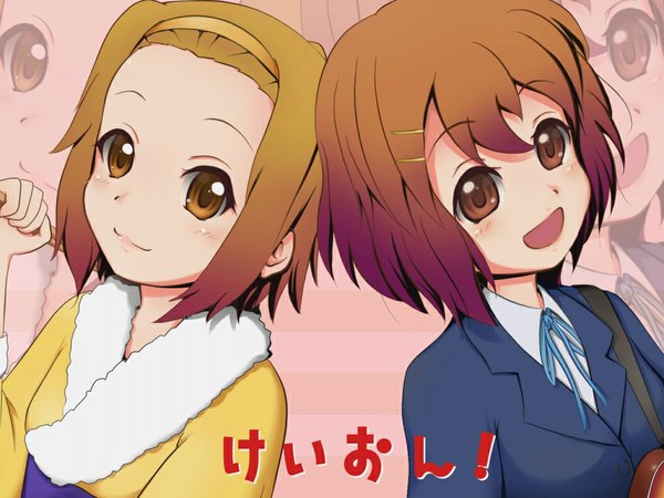 Anime picture 1024x768 with k-on! kyoto animation hirasawa yui tainaka ritsu hakuyou no isseki short hair open mouth brown hair multiple girls brown eyes traditional clothes japanese clothes copyright name zoom layer girl uniform 2 girls school uniform kimono headband