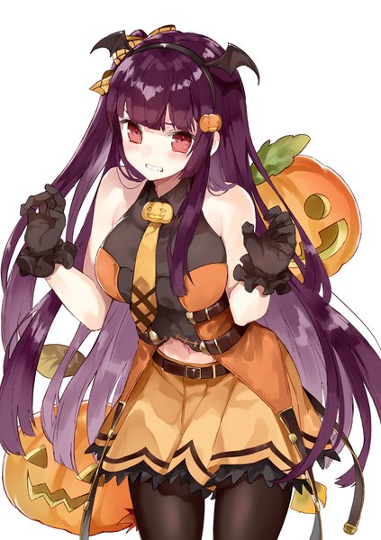 Anime picture 1464x2076 with girls frontline wa2000 (girls frontline) hasegawa (rarairairai) single long hair tall image looking at viewer blush fringe simple background red eyes white background bare shoulders purple hair blunt bangs one side up halloween clenched teeth girl skirt