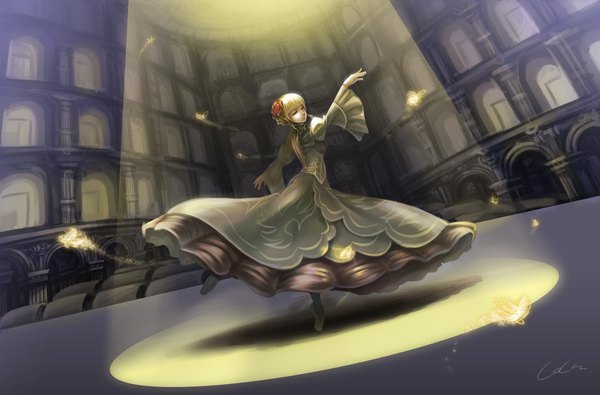 Anime picture 4200x2771 with umineko no naku koro ni beatrice madcocoon single fringe highres blonde hair absurdres eyes closed hair flower glowing light dancing girl dress hair ornament flower (flowers)