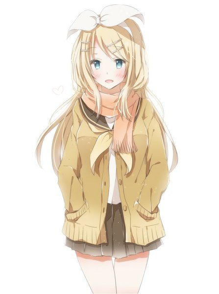 Anime picture 664x891 with vocaloid kagamine rin hiro (hirohiro31) single long hair tall image looking at viewer blush blue eyes simple background blonde hair white background hands in pockets future style (module) girl skirt uniform hair ornament ribbon (ribbons) hair ribbon