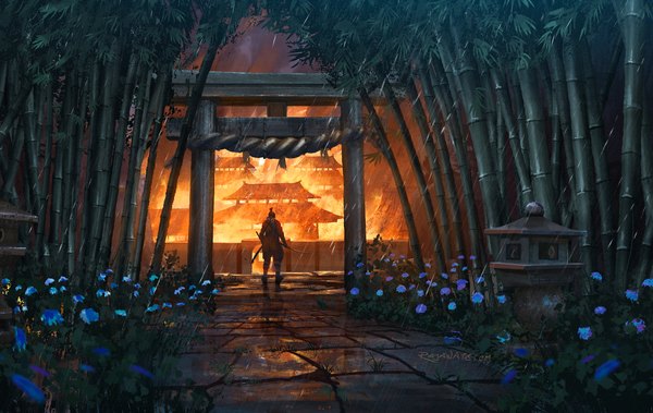 Anime picture 2048x1294 with sekiro: shadows die twice from software sekiro rajawat single highres short hair black hair standing signed full body outdoors rain scenic architecture east asian architecture bamboo forest burning boy flower (flowers)