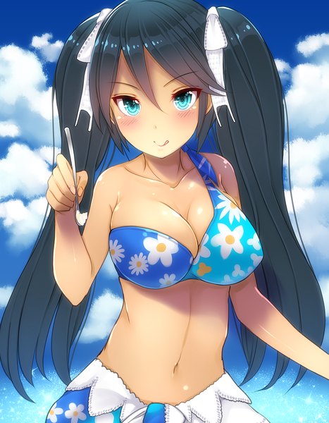 Anime picture 935x1200 with kantai collection isuzu light cruiser kiyomin single long hair tall image looking at viewer blush breasts blue eyes light erotic black hair twintails sky cloud (clouds) floral print asymmetrical clothes girl navel ribbon (ribbons)