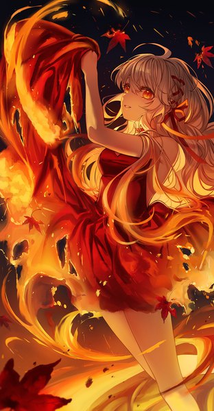 Anime picture 1040x2000 with original lium single tall image fringe hair between eyes red eyes standing silver hair ahoge sleeveless slit pupils tress ribbon girl dress ribbon (ribbons) hair ribbon leaf (leaves) red dress maple leaf