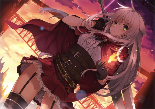 Anime picture 4067x2861 with original anceril sacred mishima kurone single long hair looking at viewer fringe highres hair between eyes standing holding green eyes absurdres sky silver hair outdoors pleated skirt dutch angle floating hair magic