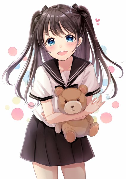 Anime picture 700x990 with original sakura hiyori single long hair tall image looking at viewer blush fringe open mouth blue eyes black hair smile white background pleated skirt teeth short sleeves leaning two side up leaning forward girl