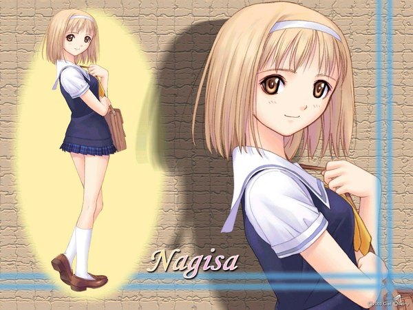 Anime picture 1024x768 with after takawashi nagisa tony taka looking at viewer blush fringe short hair blonde hair smile standing holding brown eyes full body pleated skirt shadow short sleeves character names turning head plaid skirt dual persona