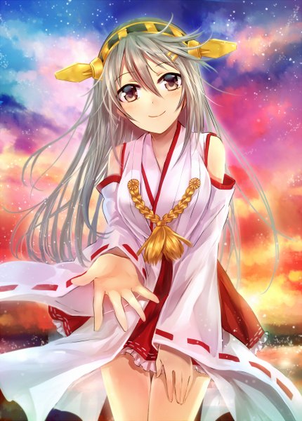 Anime picture 900x1255 with kantai collection haruna battleship neme single long hair tall image looking at viewer blush smile brown eyes cloud (clouds) grey hair evening sunset girl detached sleeves hairband