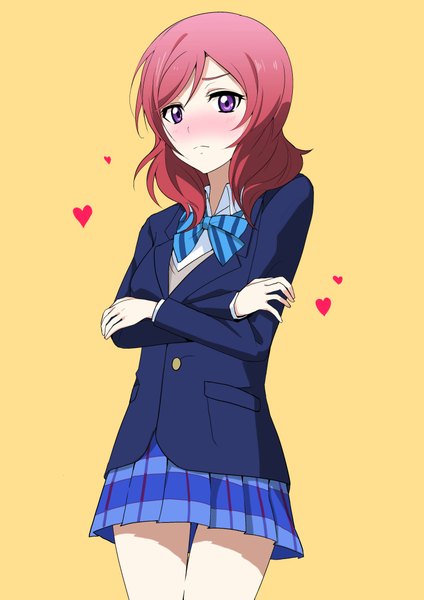 Anime picture 2894x4093 with love live! school idol project sunrise (studio) love live! nishikino maki tsukun112 single long hair tall image looking at viewer highres simple background purple eyes pink hair plaid skirt crossed arms yellow background girl skirt uniform school uniform
