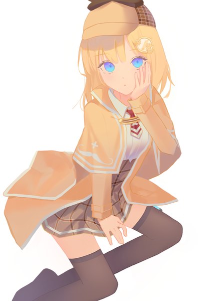 Anime picture 1283x1913 with virtual youtuber hololive hololive english watson amelia tr (hareru) single tall image looking at viewer fringe short hair blue eyes simple background blonde hair white background sitting hand on cheek girl thighhighs black thighhighs hat