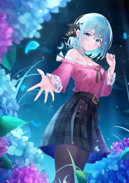 Anime picture 2893x4093 with original bai-hyacinth single tall image blush fringe highres short hair blue eyes smile hair between eyes standing blue hair outdoors from below outstretched hand girl skirt flower (flowers) ribbon (ribbons)