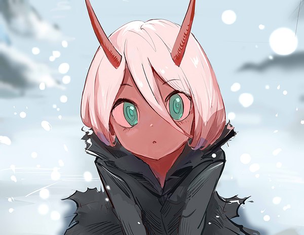 Anime picture 800x618 with darling in the franxx studio trigger zero two (darling in the franxx) sishenfan single long hair looking at viewer fringe open mouth hair between eyes sitting pink hair upper body outdoors horn (horns) aqua eyes blurry :o depth of field snowing