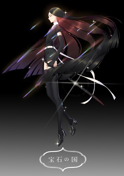 Anime picture 2480x3507 with houseki no kuni bort blue shrimp single tall image highres black hair simple background full body eyes closed very long hair profile multicolored hair two-tone hair sparkle copyright name gradient background black background colored inner hair androgynous