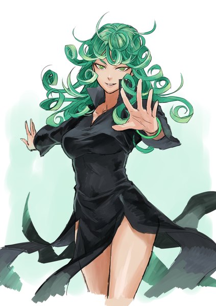 Anime picture 739x1049 with one-punch man madhouse tatsumaki indesign single long hair tall image looking at viewer simple background smile green eyes green hair legs spread arms curly hair girl dress bracelet black dress