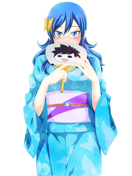 Anime picture 3600x4800 with fairy tail juvia lockser salim202 single long hair tall image blush highres blue eyes blue hair absurdres traditional clothes japanese clothes embarrassed coloring transparent background girl hair ornament belt kimono