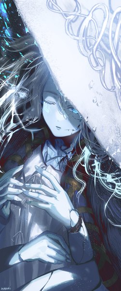 Anime picture 1714x4096 with elden ring ranni the witch haruri single long hair tall image fringe highres blue eyes hair between eyes signed silver hair one eye closed crack extra arms girl hat