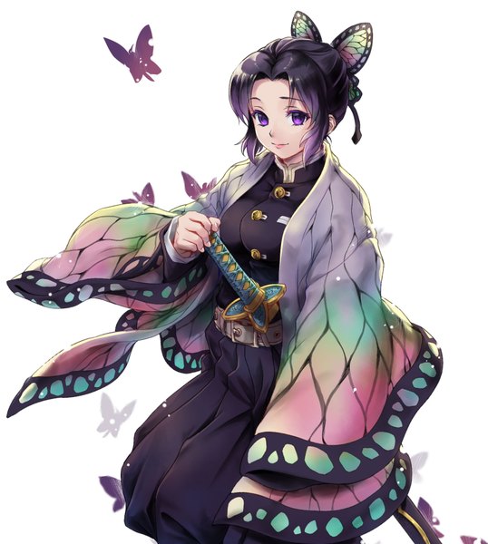 Anime picture 1562x1742 with kimetsu no yaiba ufotable kochou shinobu toshi single tall image looking at viewer fringe short hair breasts black hair simple background white background purple eyes traditional clothes japanese clothes multicolored hair light smile wide sleeves two-tone hair