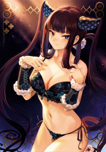 Anime picture 4915x6987 with fate (series) fate/grand order yang guifei (fate) mashuu (neko no oyashiro) single tall image looking at viewer blush fringe highres breasts blue eyes light erotic simple background smile brown hair standing twintails bare shoulders payot