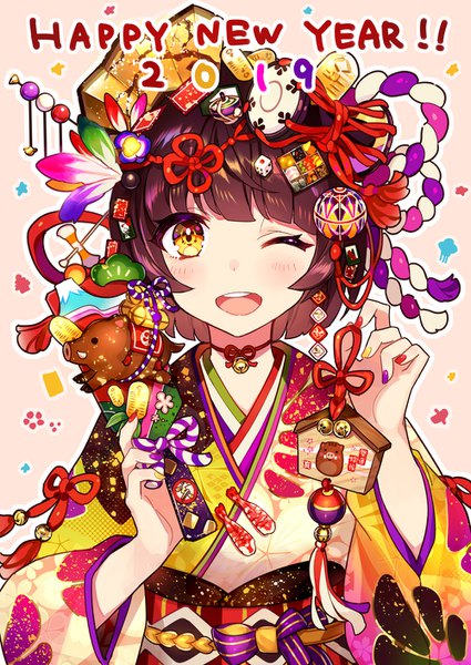Anime picture 1000x1412 with original comeo single tall image looking at viewer blush fringe short hair open mouth brown hair holding yellow eyes blunt bangs nail polish traditional clothes japanese clothes one eye closed wink wide sleeves ;d